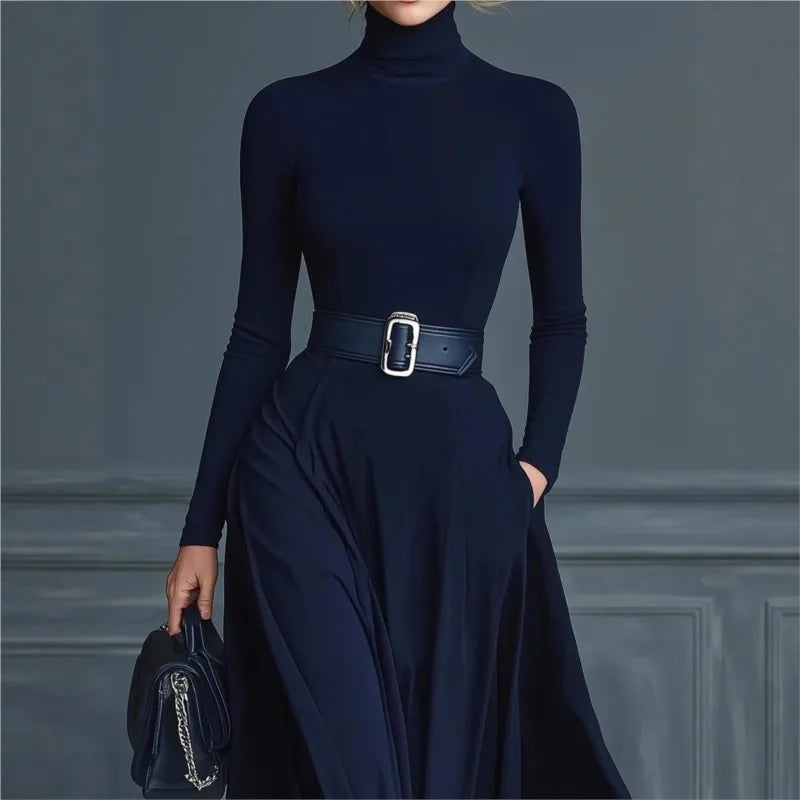 Elegant Half High Collar Knitted Long Sleeve Long Autumn Dress