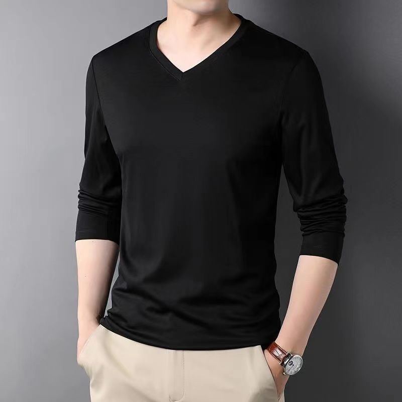 Men Thin Solid Cotton T-shirt Long Sleeve V-Neck Thin