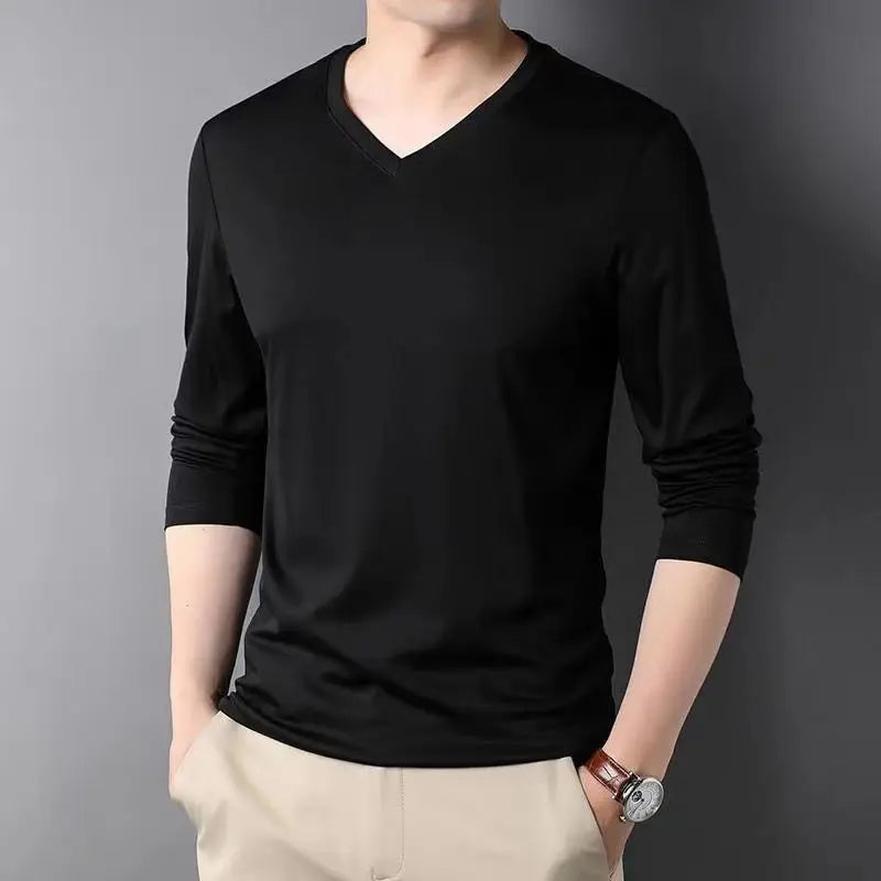 Men Thin Solid Cotton T-shirt Long Sleeve V-Neck Thin