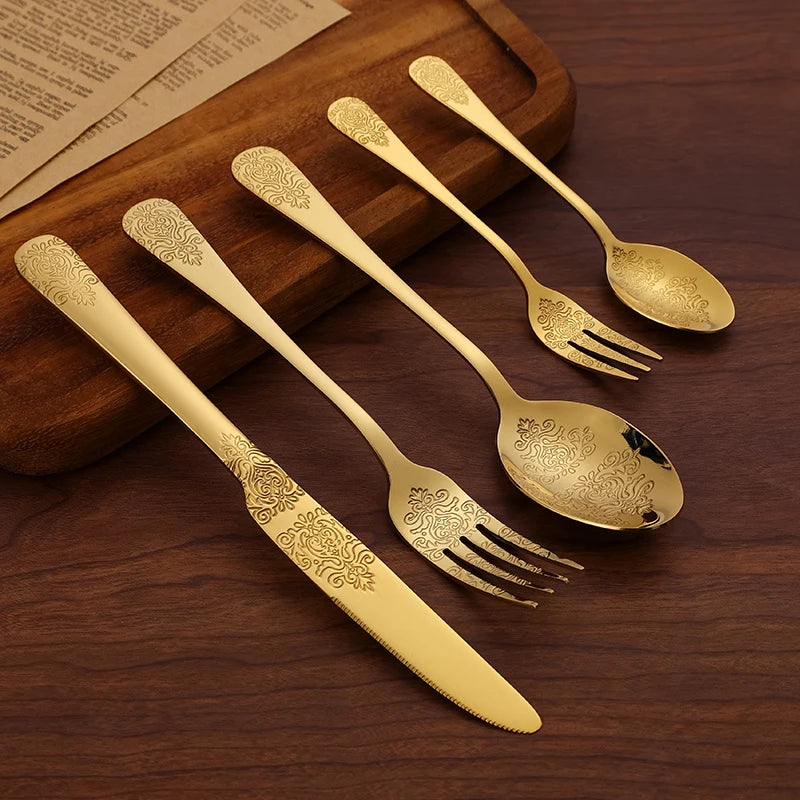 5Pcs Cutlery Set Stainless Steel Tableware Carving Golden Dinnerware