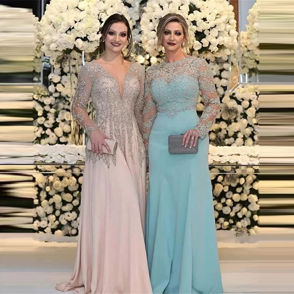 Crystal Beaded Appliques Mermaid Dress Wedding Party Dress Long Sleeves Formal Party Dresses