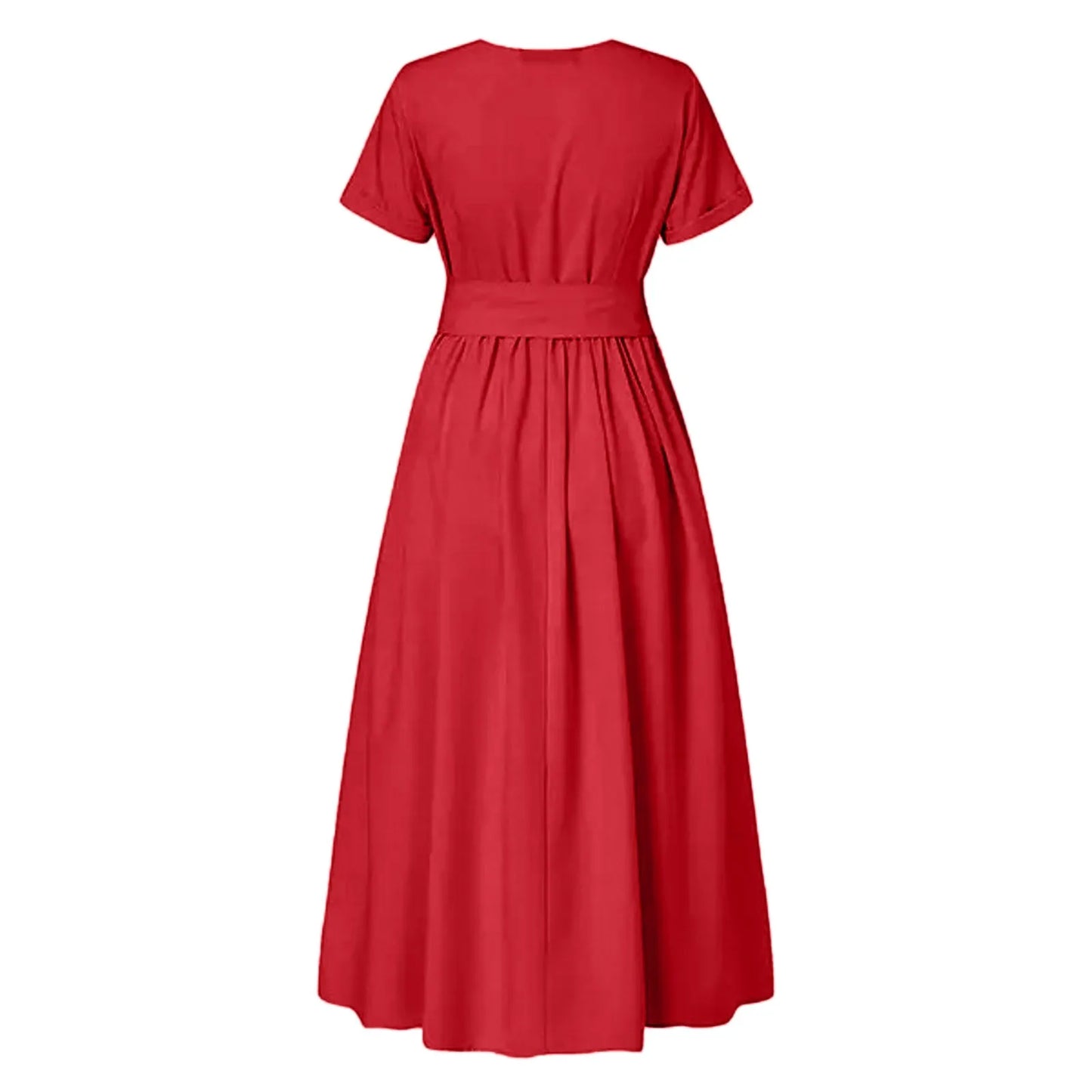 Women Elegant Formal Party Evening Dress Short Sleeve Sashes Mid-Calf Dress