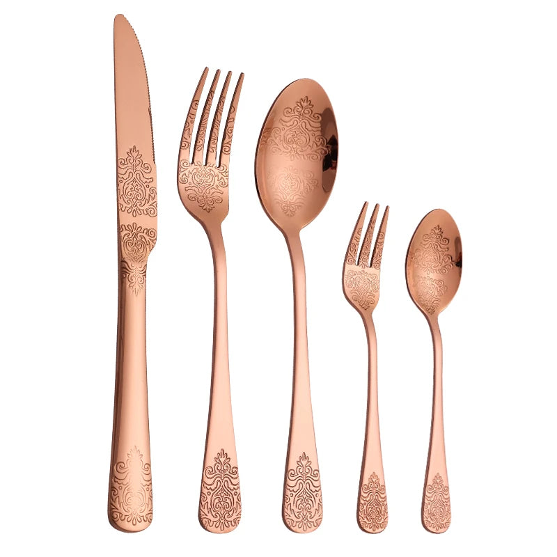 5Pcs Cutlery Set Stainless Steel Tableware Carving Golden Dinnerware