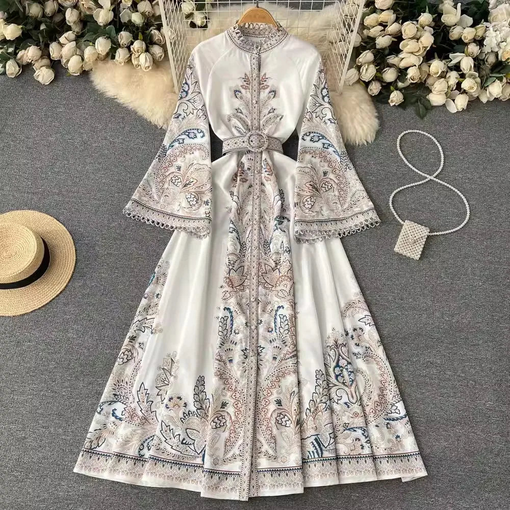 Vintage Print Robe Paisley Maxi Dress Lantern Sleeve