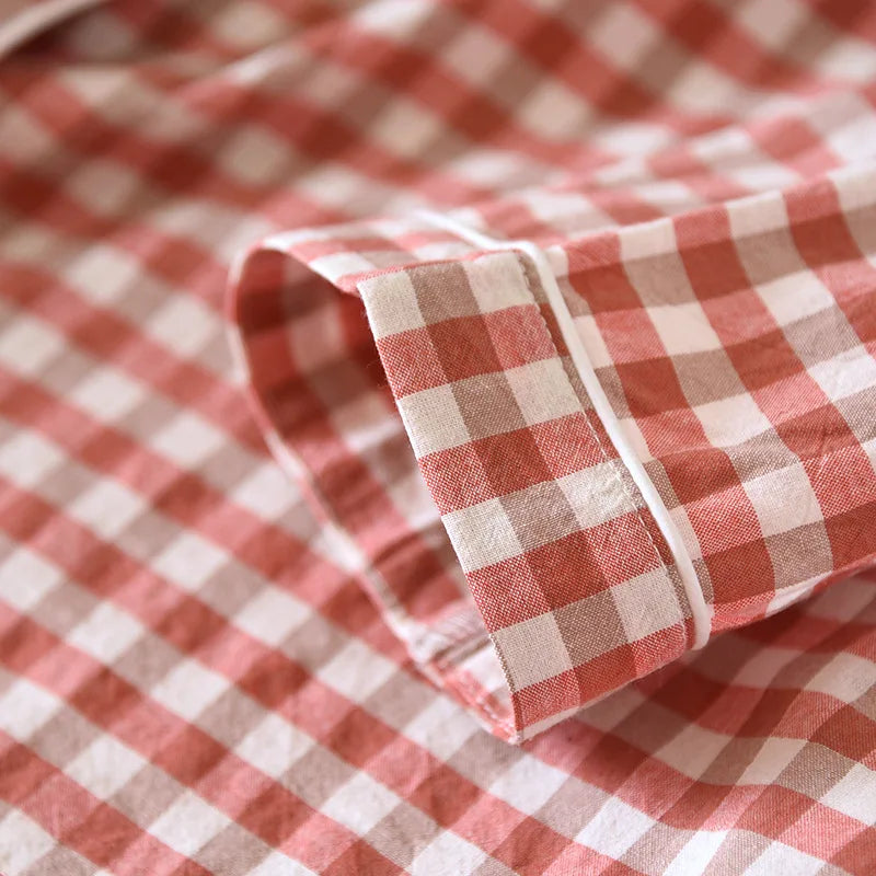 Spring and Autumn Unisex Pajama Set 100% Cotton Men's and Women's Plaid Long Sleeved Two Piece