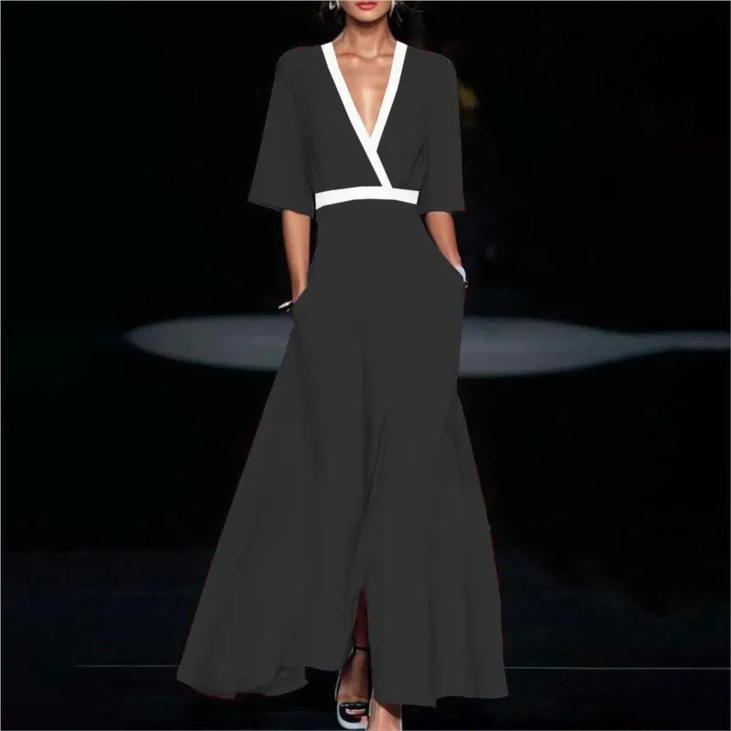 Elegant Women V Neck Belted Party Long Dress Sexy Printing A-Line