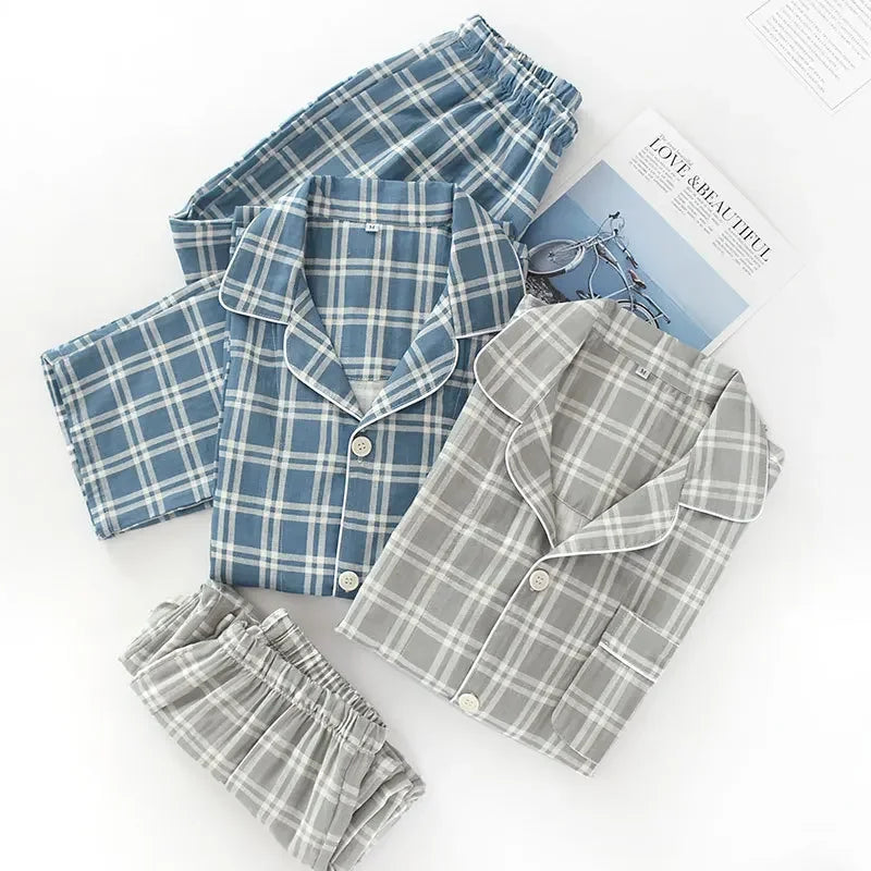 Men's Pajamas Sets Long-sleeved Cardigan Tops and Trousers 100% Cotton Double Gauze Lattice Sleepwear