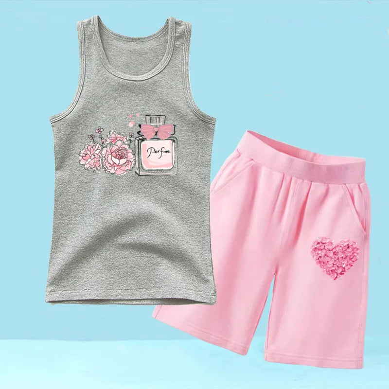 Summer Girls 2PCS Vest Set Perfume Bottle Print Sleeveless Top and Shorts