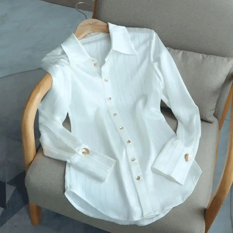 White Striped Shirt For Women's Single Breasted Loose Fitting Shirt