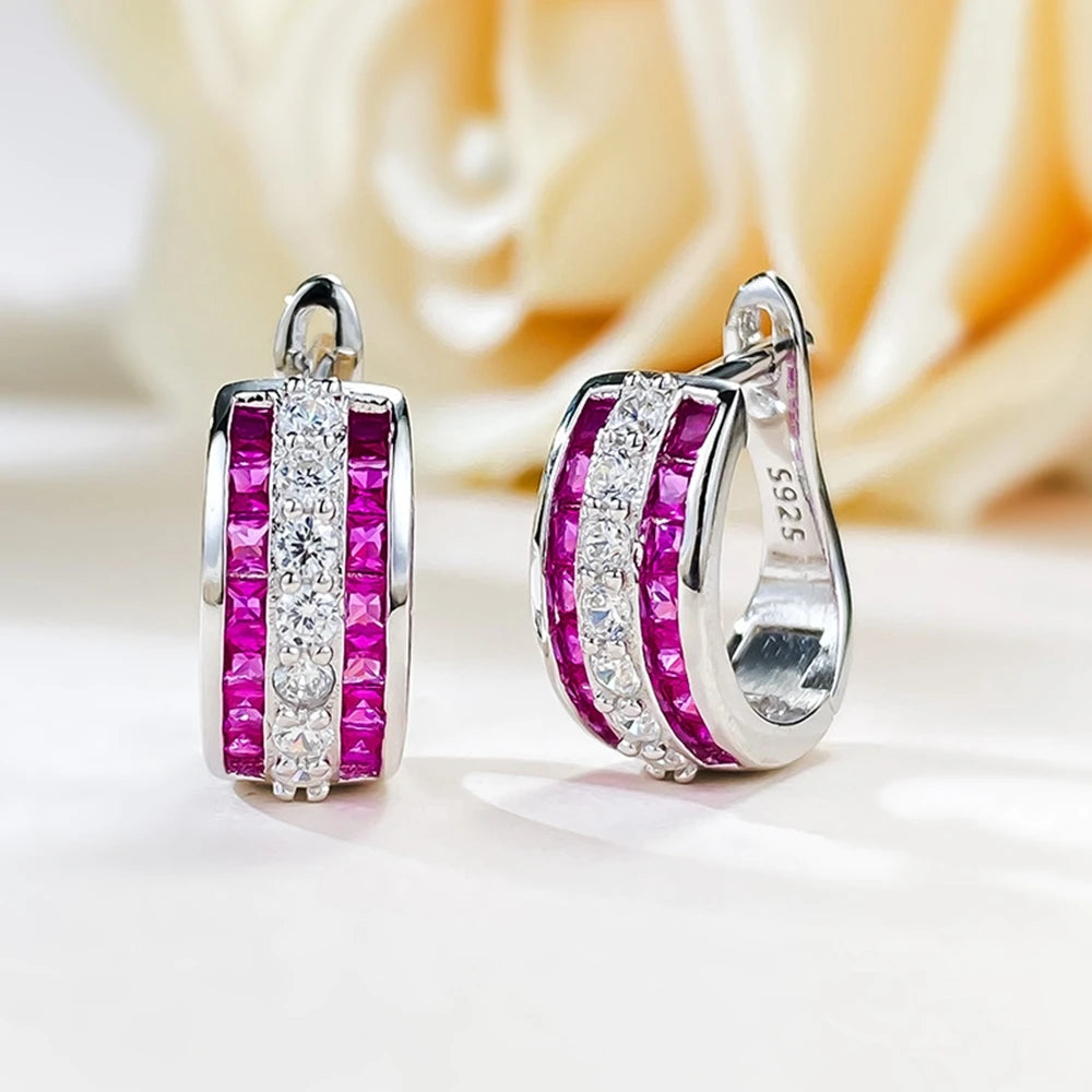 Sapphire Ruby High Carbon Diamond Gems Hoop Earrings for Women 100% 925 Sterling Silver Fine Jewelry