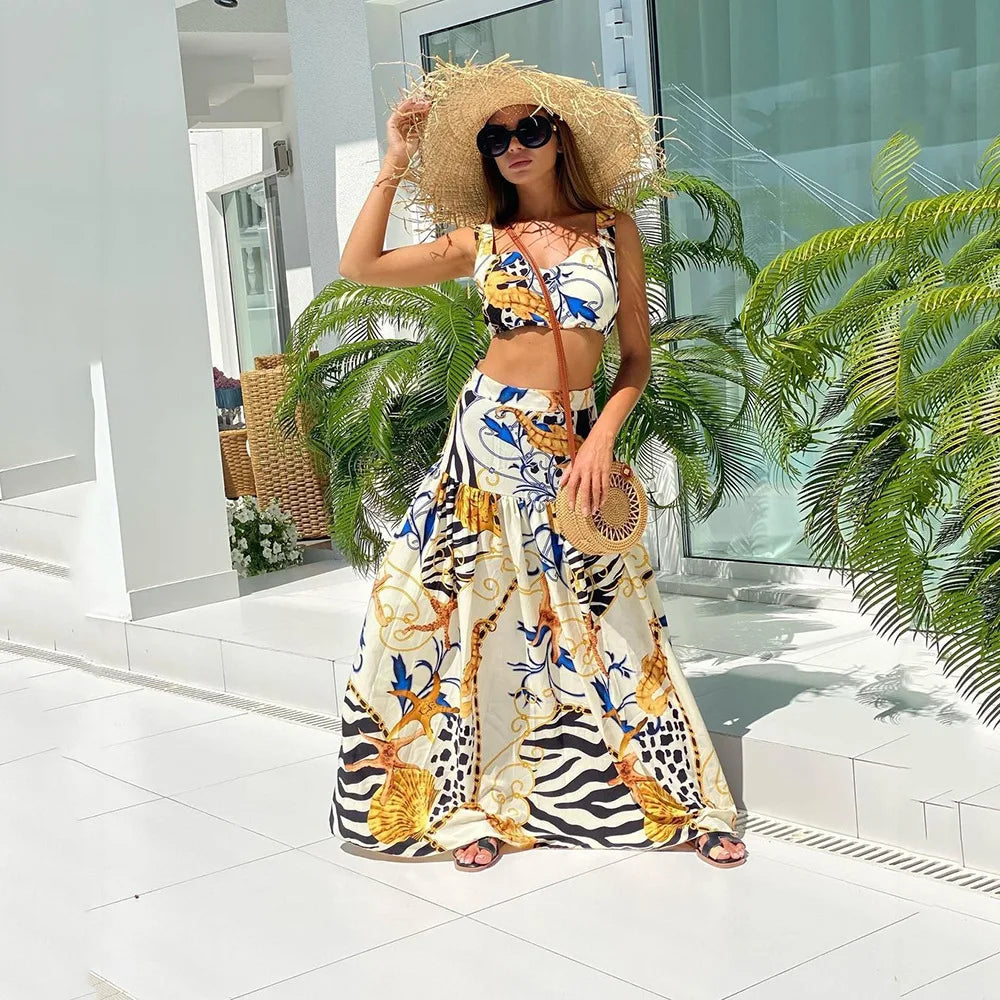 Bohemian Summer Style Two Piece Print A-Line Skirt & Camisole