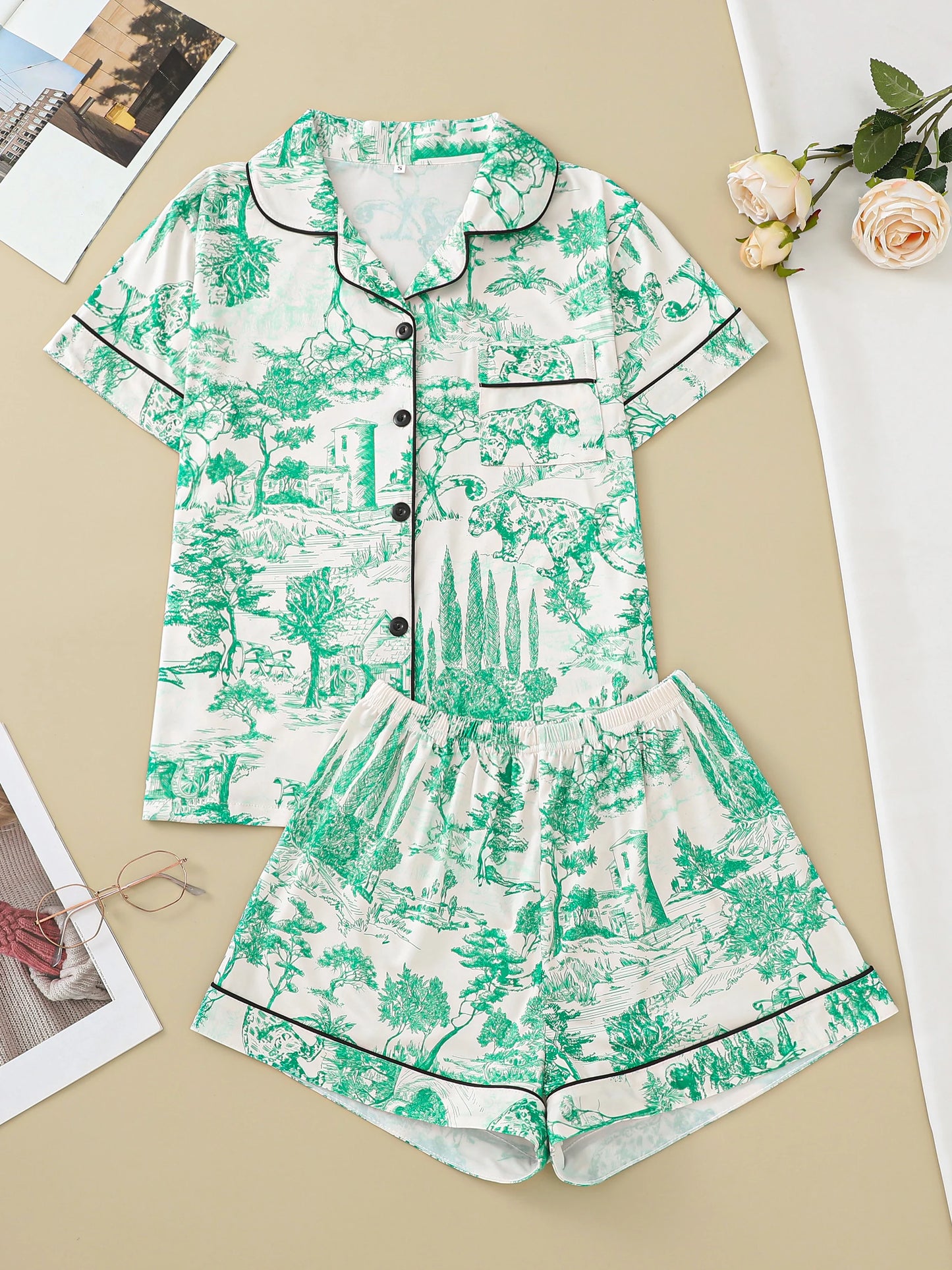 Natural animal print comfortable pajama set short-sleeved lapel top and elasticated waistband shorts loungewear