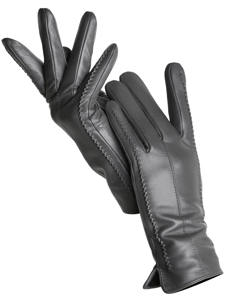 Women's Leather winter warm gloves with velvet thin touch screen