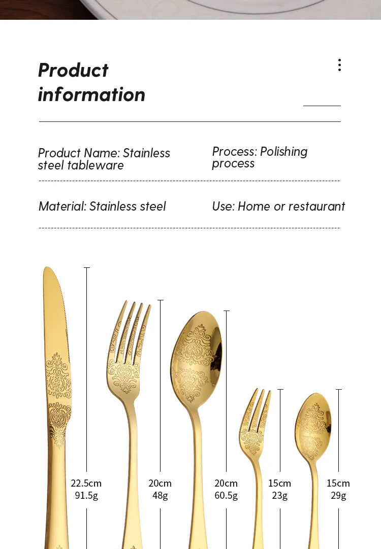 5Pcs Cutlery Set Stainless Steel Tableware Carving Golden Dinnerware