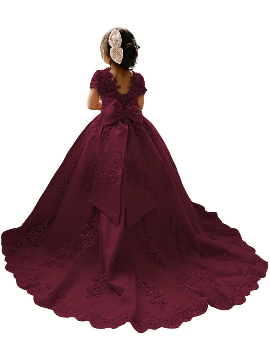 Flower Girl Princess Dresses for Wedding Pageant With Bow-knot Beaded Appliques Long Train Party Gowns
