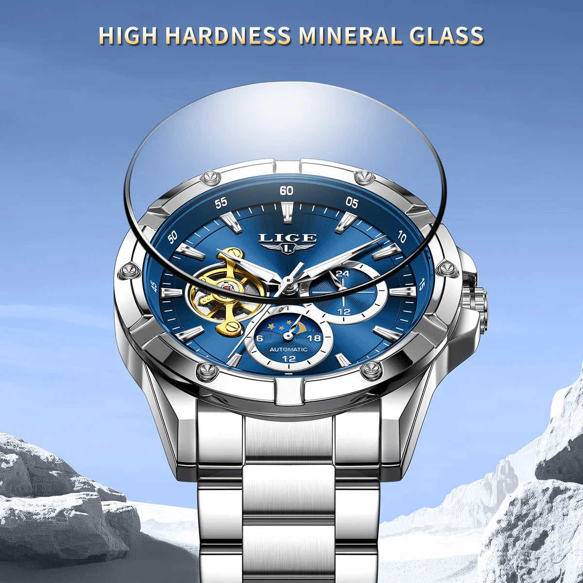 Luxury 24-Hours Moon Phase Automatic Movement Stainless Steel Band Men's Watches