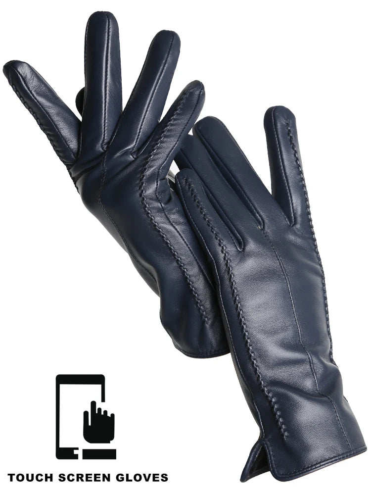 Women's Leather winter warm gloves with velvet thin touch screen