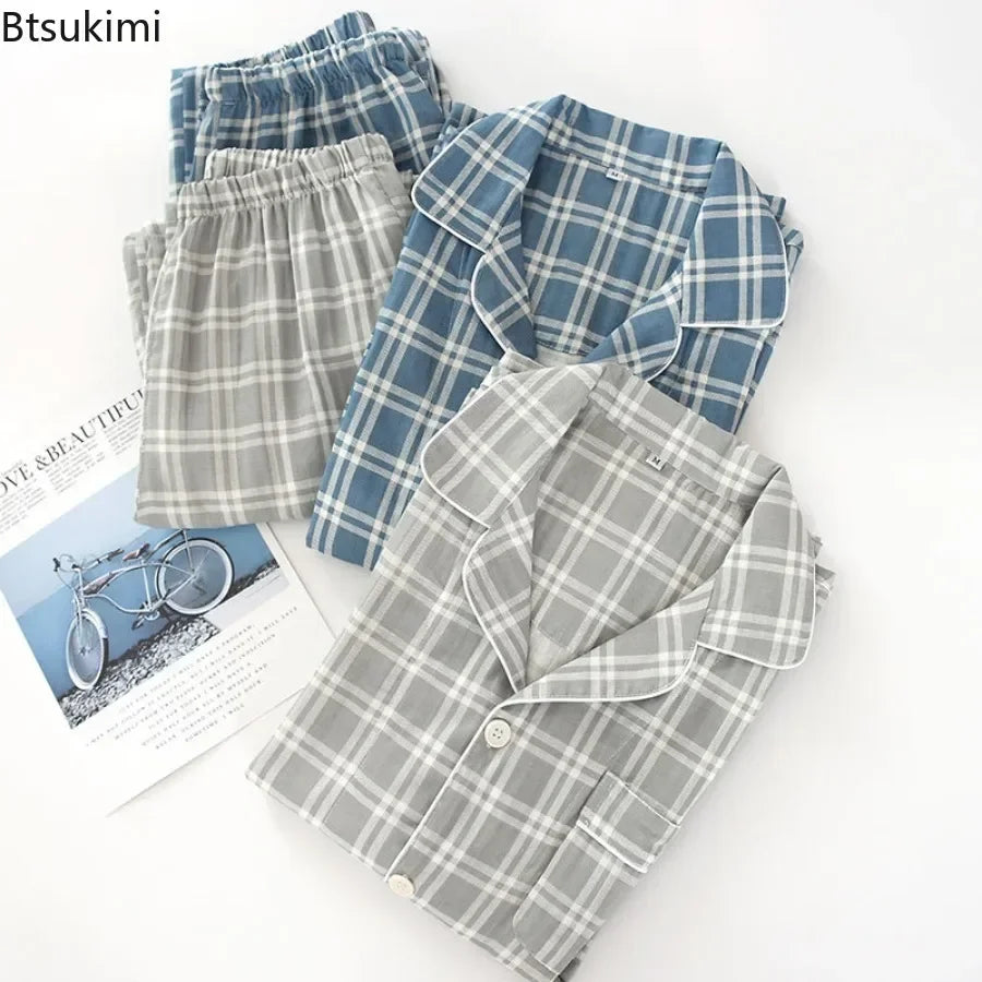 Men's Pajamas Sets Long-sleeved Cardigan Tops and Trousers 100% Cotton Double Gauze Lattice Sleepwear