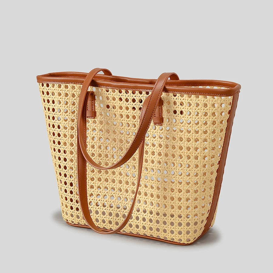 Fashion Hollow Buckets Faux Rattan Woven Women Shoulder Tote Bags