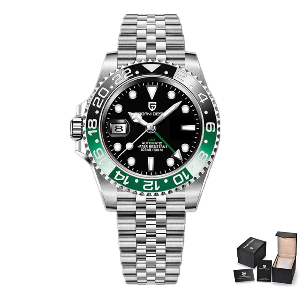 Luxury GMT Men's Mechanical Wristwatch Sapphire Glass Stainless Steel 100M Waterproof Automatic