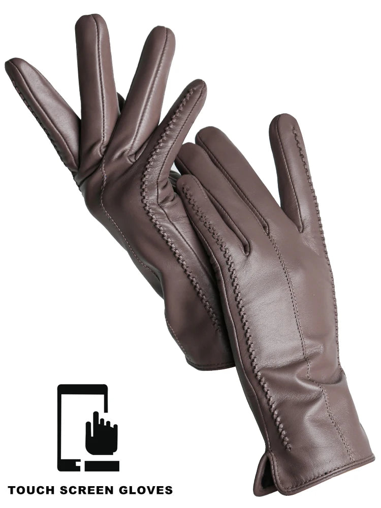 Women's Leather winter warm gloves with velvet thin touch screen