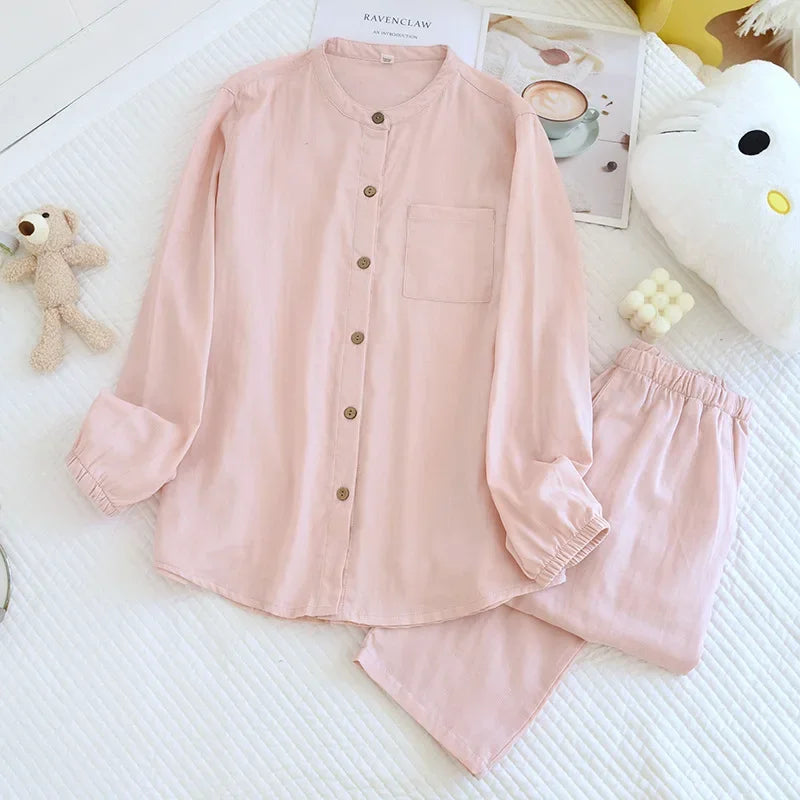 Spring/Summer Women Men Pajama Set 100% Cotton Long Sleeve Long & Pants Two Piece