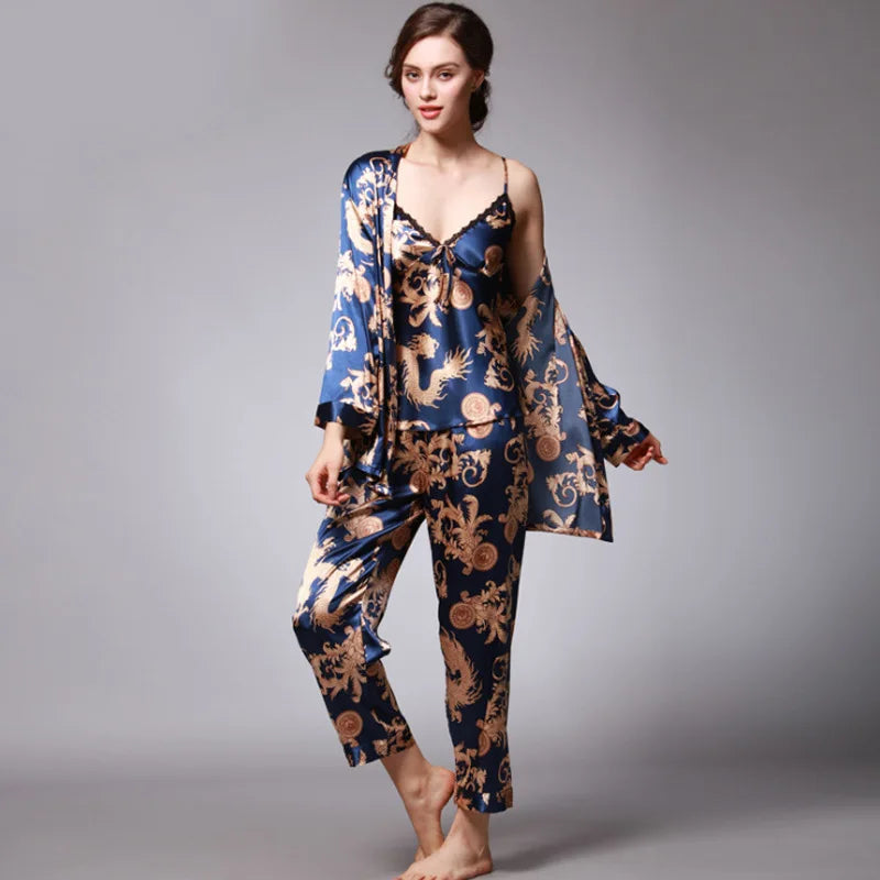 Women's Silk Satin Pajamas Set 3 Pcs Floral Silky Sets Sleepwear