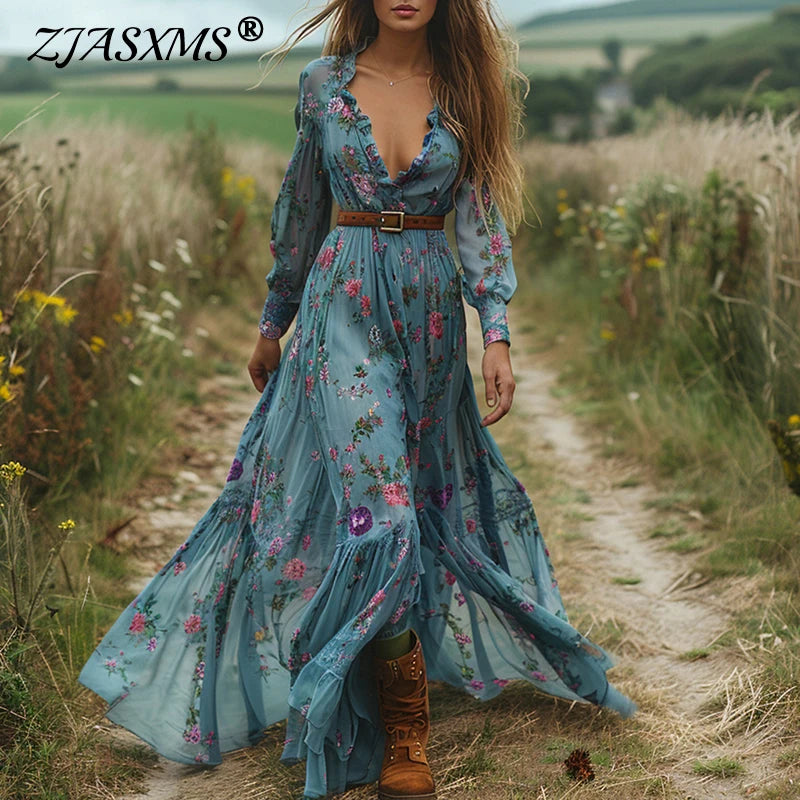 Spring Floral Maxi Print Dress for Women V Neck Elastic Waist