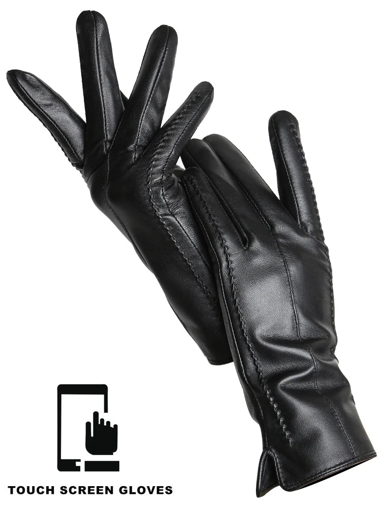 Women's Leather winter warm gloves with velvet thin touch screen