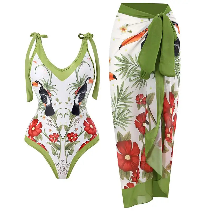 2-Piece Women Brazilian Floral Printed Ruffle Bikinis Strappy Bandage Swimwear