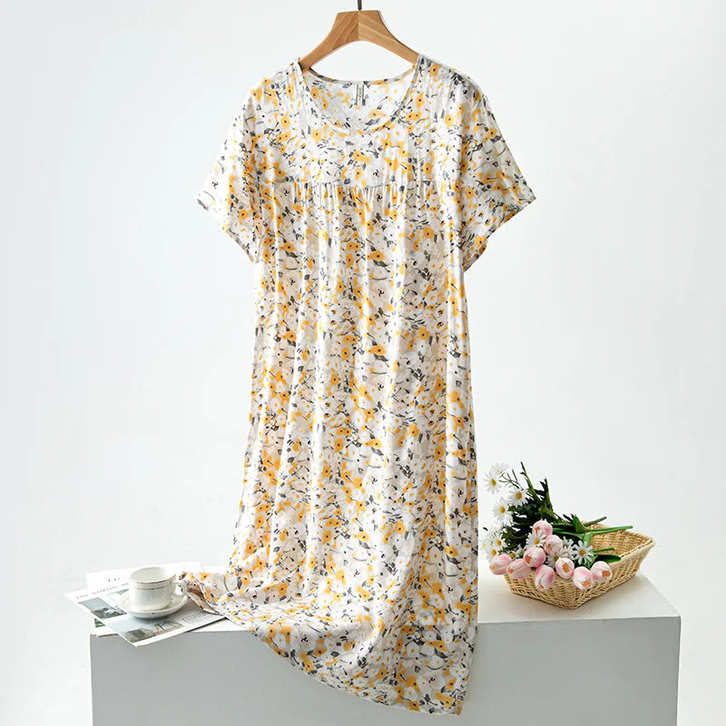Summer Women Nightgown Short Sleeve Round Neck