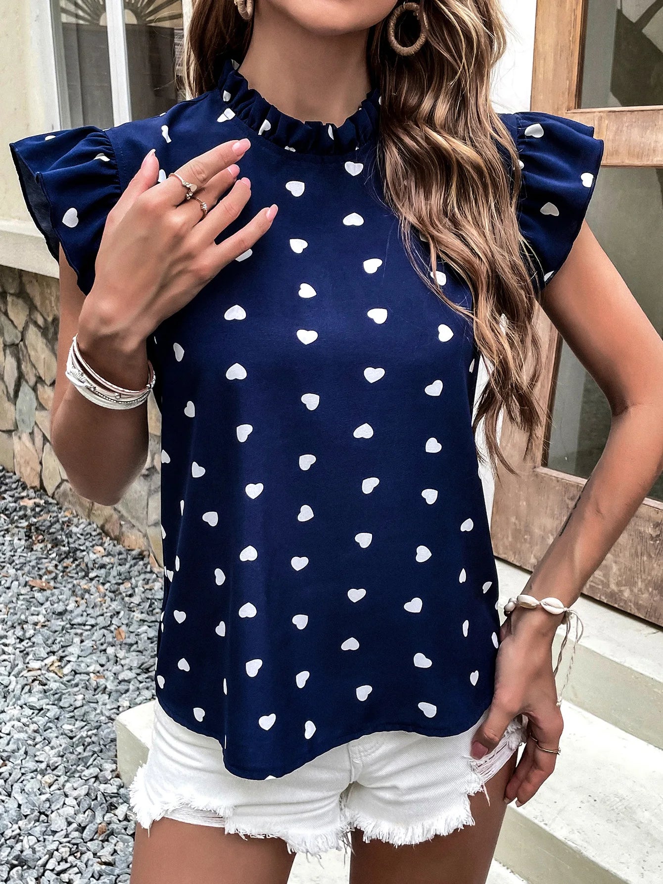 Fashion Chiffon Print Women's Shirt Ruffle Short Sleeve