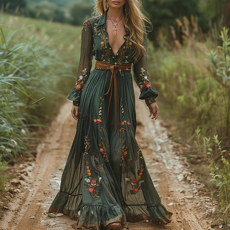 Elegant Boho Long Sleeved Women's Dress Casual V-neck High Waist