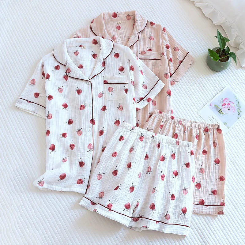 Summer pajamas short-sleeved shorts two-piece cotton crepe