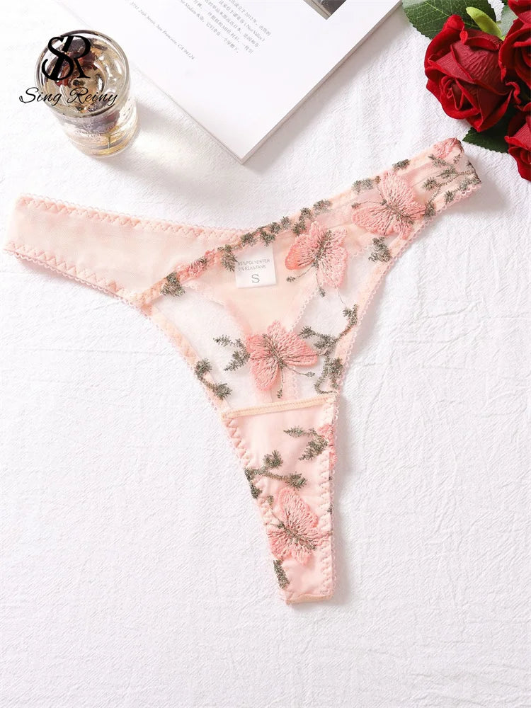 Women Sexy Sheer Lace-Up Puff Sleeves Floral Embroidery Two Piece Set