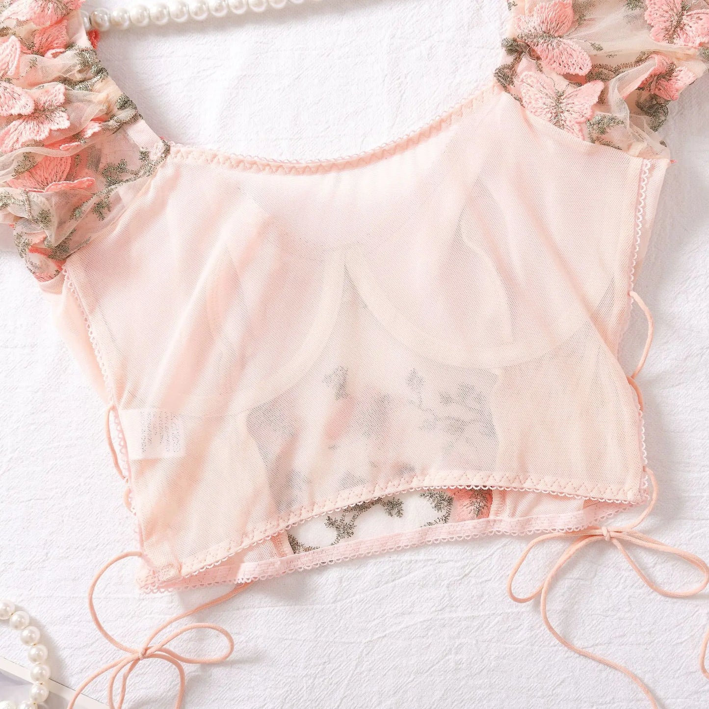 Women Sexy Sheer Lace-Up Puff Sleeves Floral Embroidery Two Piece Set