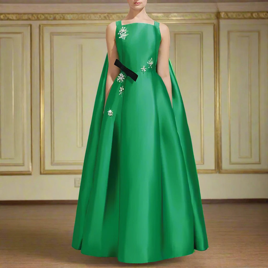 Elegant Luxury Evening Satin Bow Rhinestone Long Dress