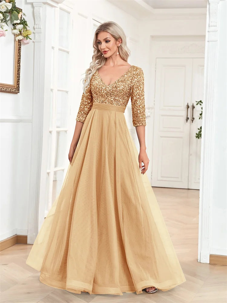 Luxury Floor Length V-Neck Evening Dress Party Maxi Dress Sequin Short Sleeves Prom Cocktail Gown