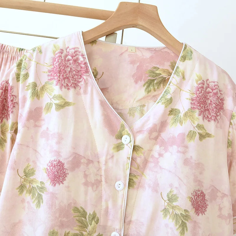 Thin Summer Floral Woman Pajama Sets Nightwear Top and Pants