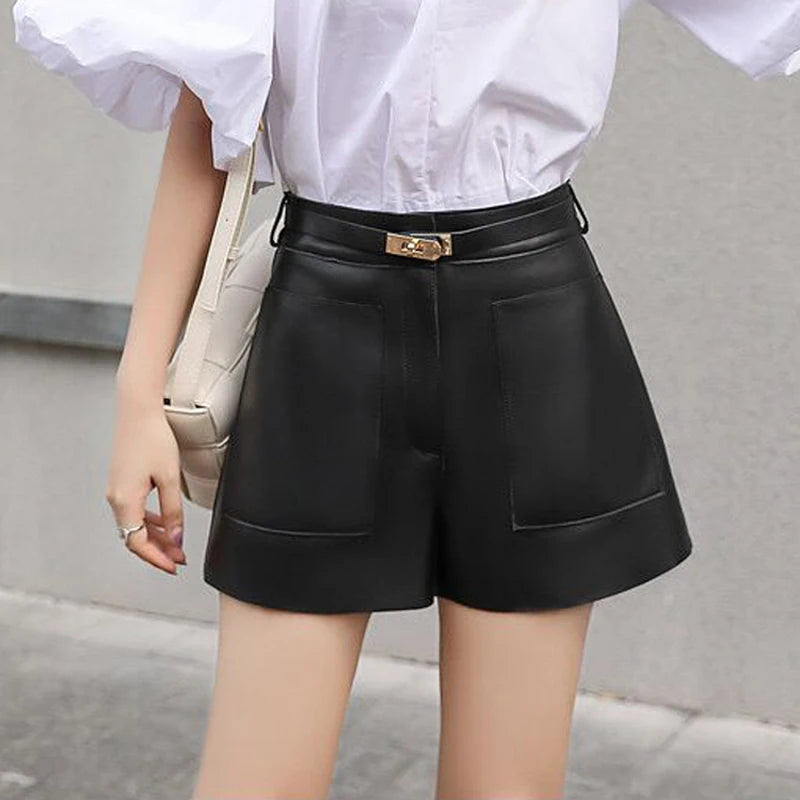 Real Sheepskin Leather Women Shorts
