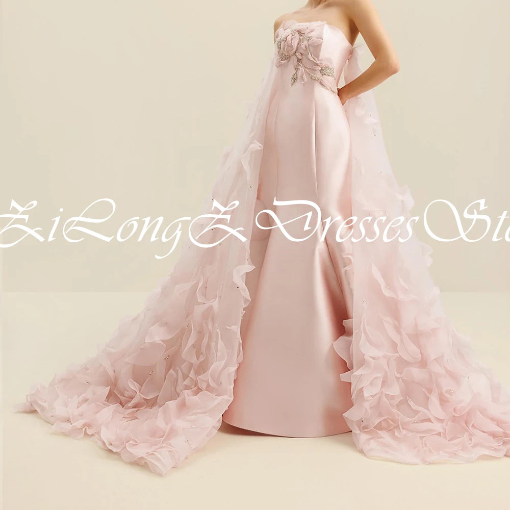 Customized Exquisite Pink Satin Lace Sequined Evening Mermaid Dress Back Strapless Sleeveless Train Prom Gown
