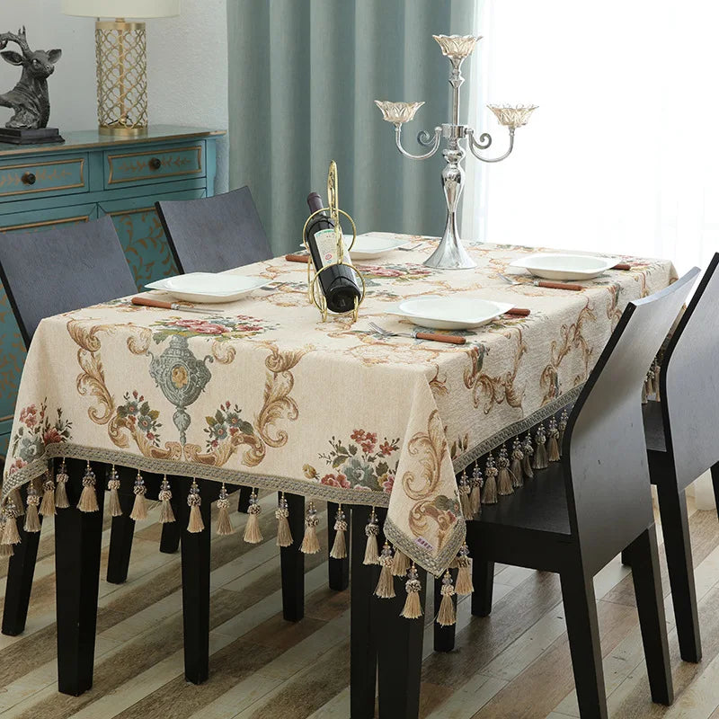Luxury Jacquard Tablecloth with Tassel Pendant Chenille Fabric Rectangular Table Cover European Living Room Coffee Table Cloth