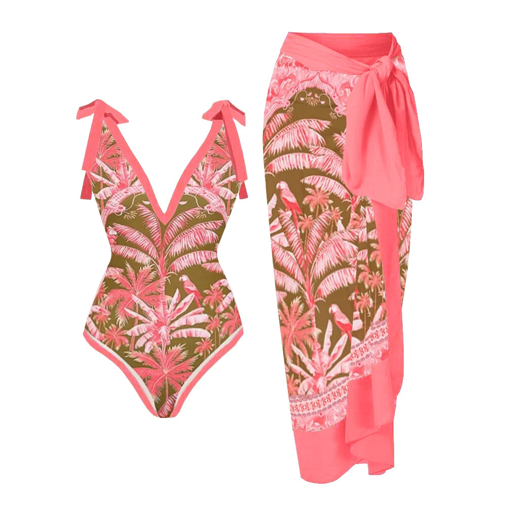 2-Piece Women Brazilian Floral Printed Ruffle Bikinis Strappy Bandage Swimwear