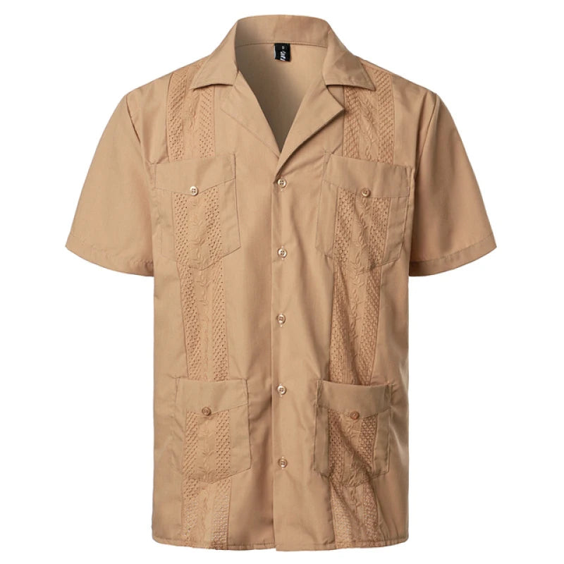 Men's Traditional Cuban Collar Guayabera Shirts Short Sleeve Embroidered w 4 Pockets