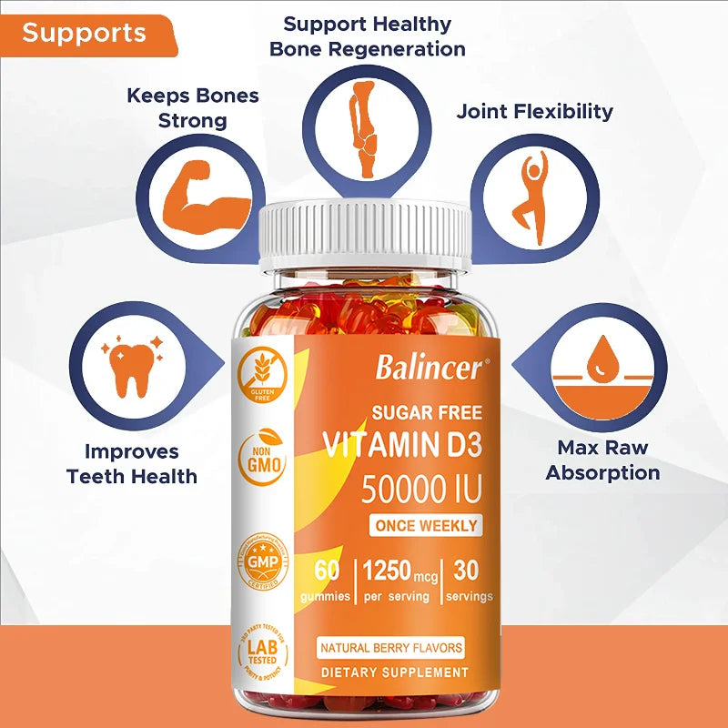 Sugar Free Vitamin D3 Gummies - Supports Mood, Immune System, Energy, Bone, Heart and Joints, Promotes Red Blood Cell Production