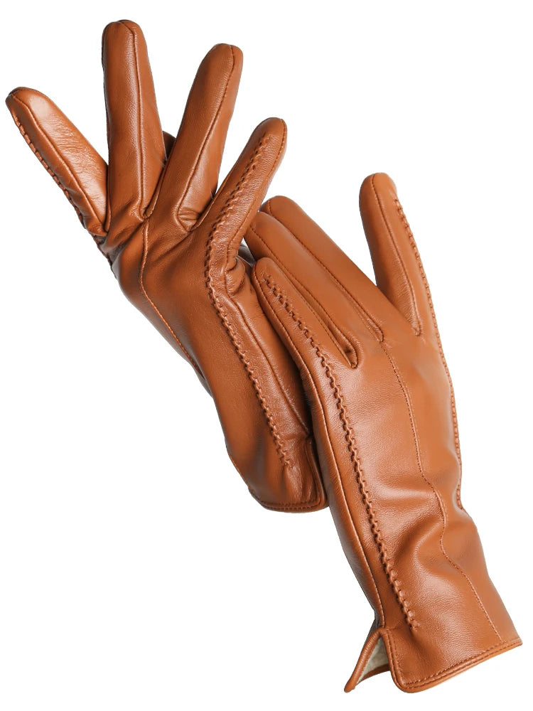 Women's Leather winter warm gloves with velvet thin touch screen