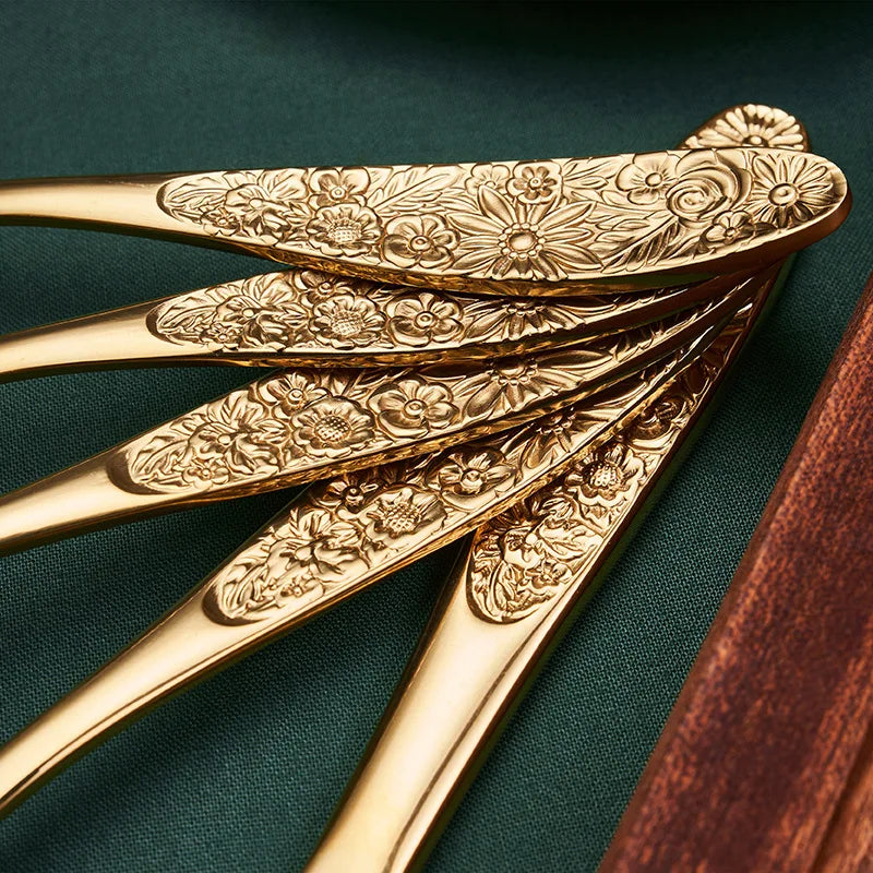 1/3Pieces Gold Cutlery Set Stainless Steel Vintage Western Dinnerware Luxury Tableware Engraving Forks Knive Spoons Sliverware