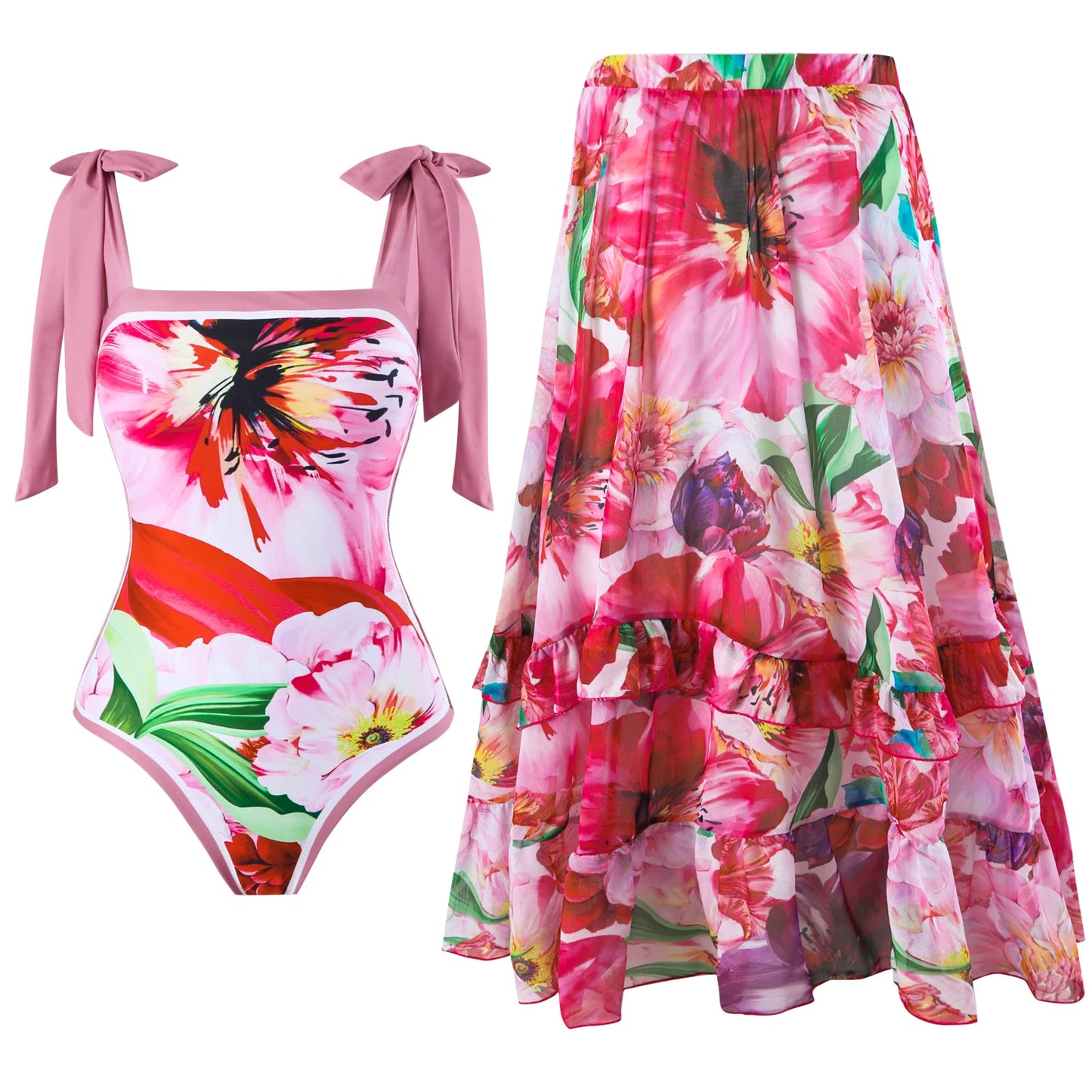 2-Piece Women Brazilian Floral Printed Ruffle Bikinis Strappy Bandage Swimwear