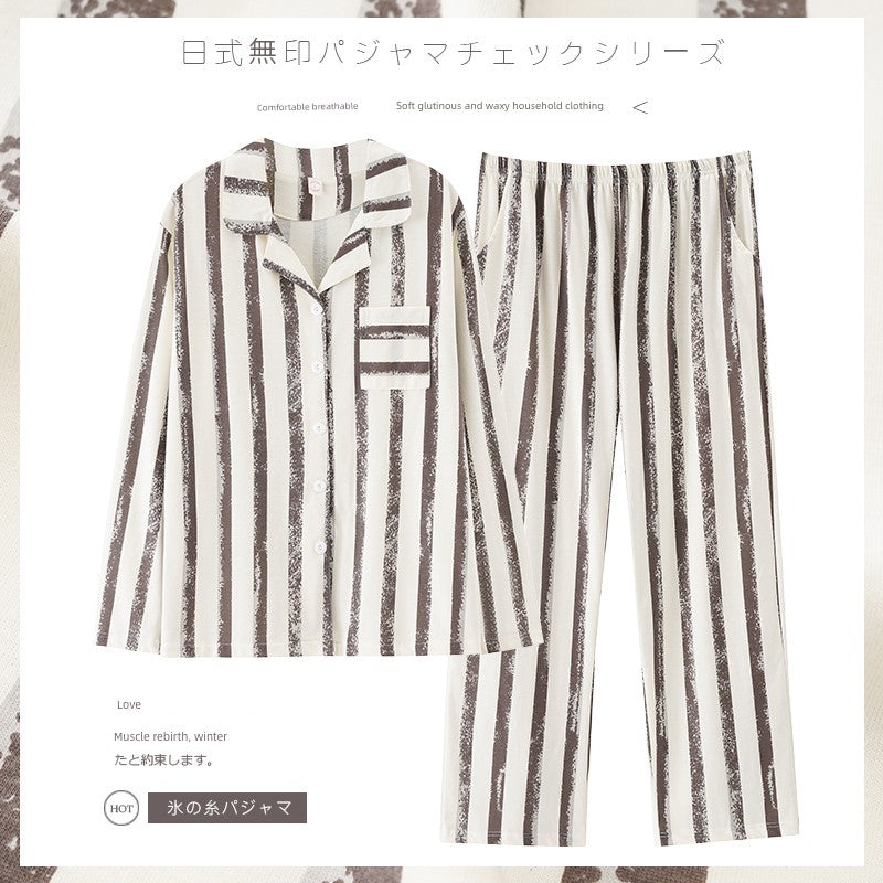 Cotton Couple Pajamas for Men and Women Spring and Autumn Pure Cotton Thin Plaid Long Sleeves Plus Size Outerwear