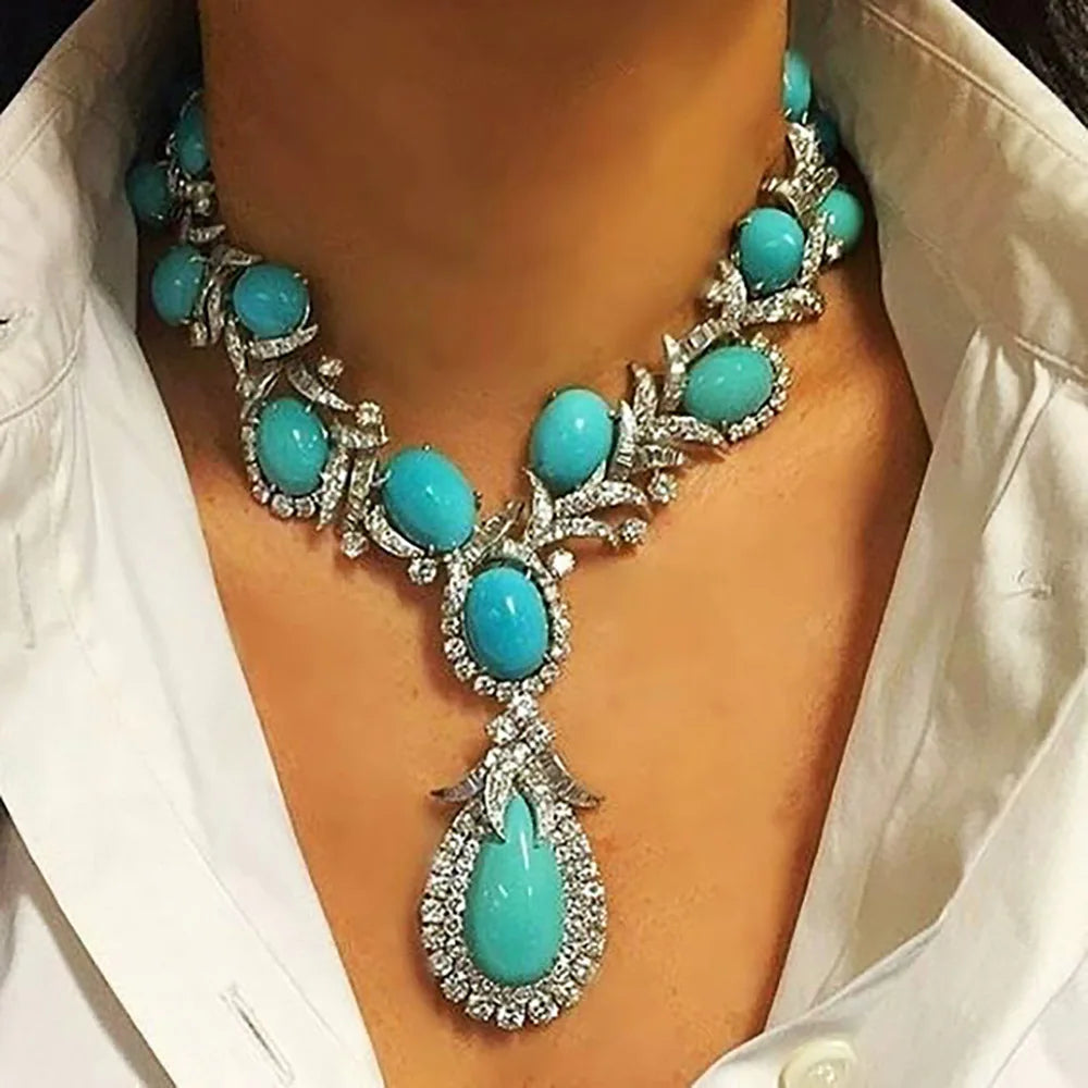 Turquoise Dubai Jewelry Sets For Women CZ Zircon Necklace